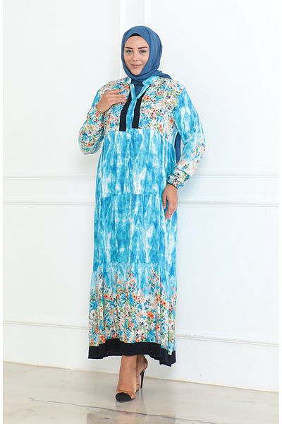 sefamerve Φόρεμα με τιρκουάζ μοτίβο βισκόζης Plus Size - 5071-03