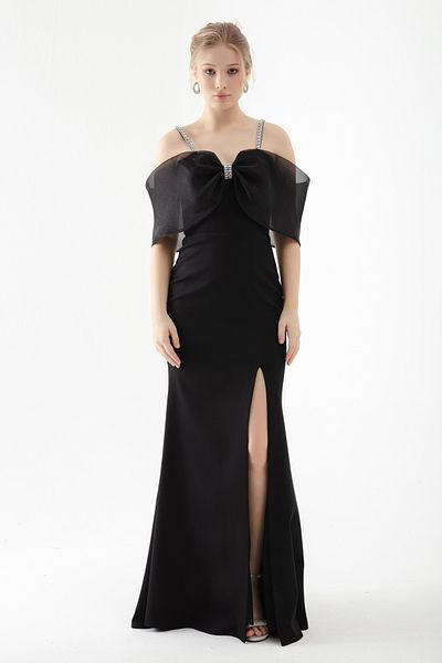 Lafaba Langes Abendkleid aus Netzstoff mit Steinriemen für Damen in Schwarz