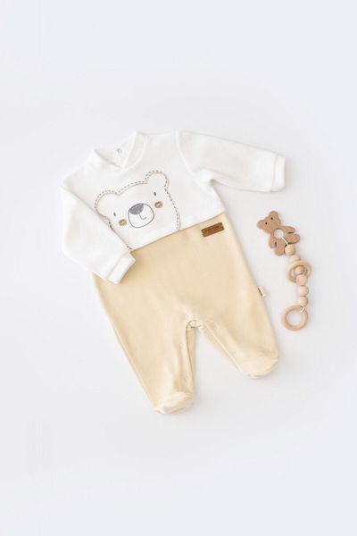 BabyCosy Salopeta Ursulet cu maneca lunga si botosei  Crem, BabyCosy, 6-9 luni