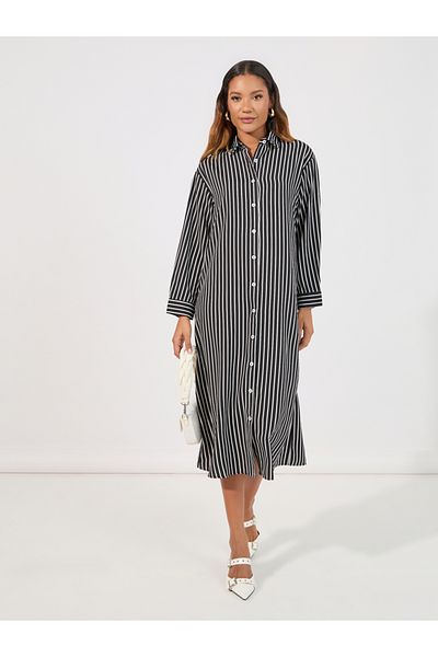 Styli Striped Shirt Midi Dress with Button Placket