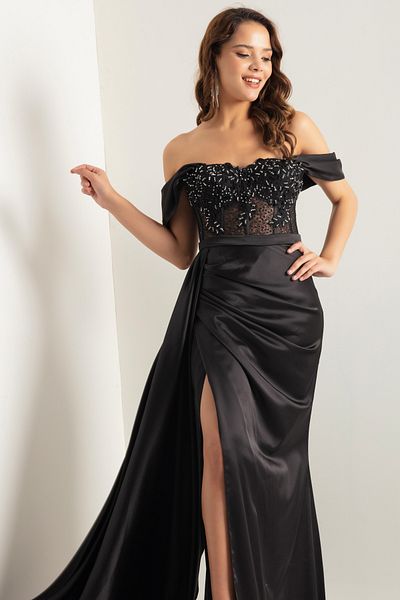 Lafaba Women's Black Boat Neck Underwire Corset Long Evening Dress