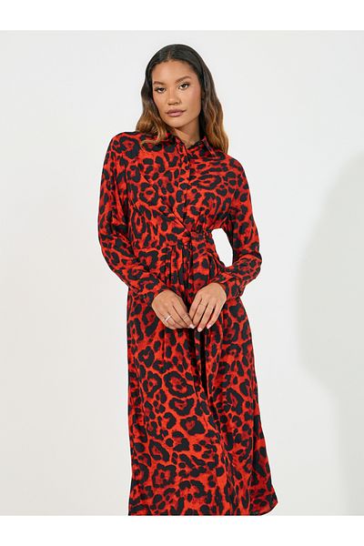 Styli Animal Print Tie-Up Waist Shirt Midi Dress