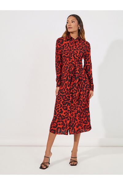 Styli Animal Print Tie-Up Waist Shirt Midi Dress