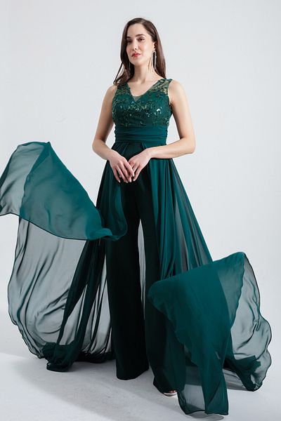 Lafaba Rochie de seară din șifon verde smarald pentru femei