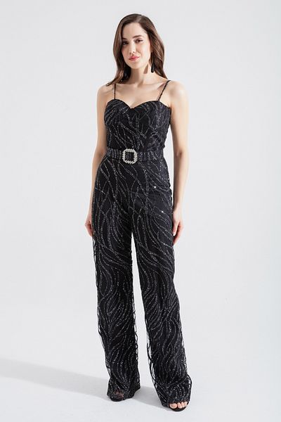 Lafaba Women's Black Thin Straps Glittery Evening Dress Jumpsuit