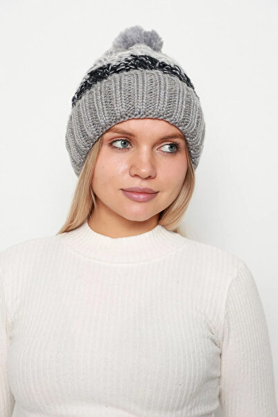 REMSA Gray Women's Beret - Pompom Detailed, Fur Inside, Rkş-21 Model