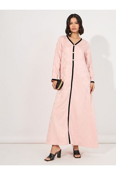 Styli Jacquard Jalabiya with Velvet Trim & Button Detail