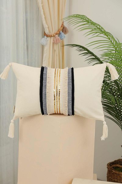 Aisha's Design Decorative Throw Pillow Cover with Sequin Stripe and Fringe Detail, K-391
