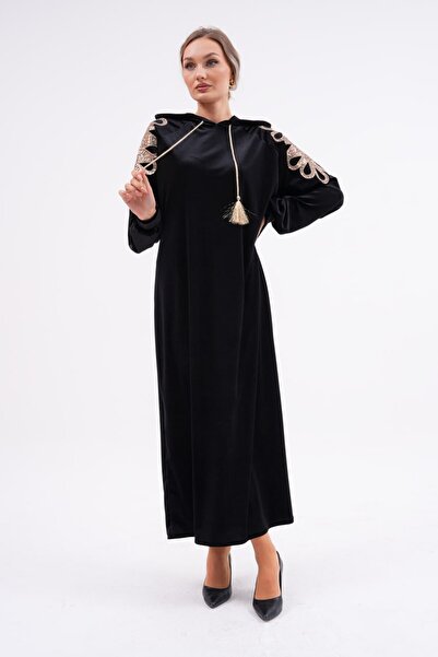 Eceyaman moda Women's Black Hooded Shoulder with Sequins Embroidery Black Velvet Dress