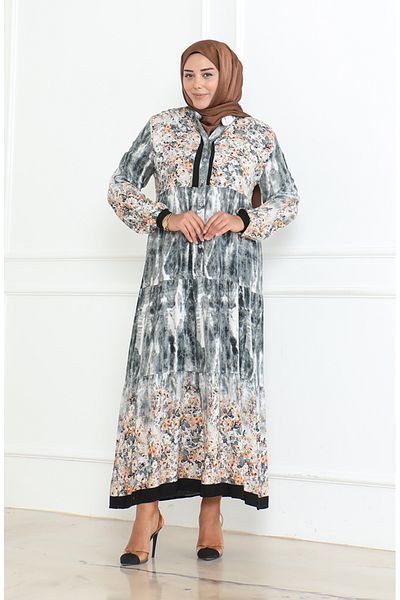 sefamerve Φόρεμα βισκόζης με σχέδιο Plus Size 5071-02 Γκρι