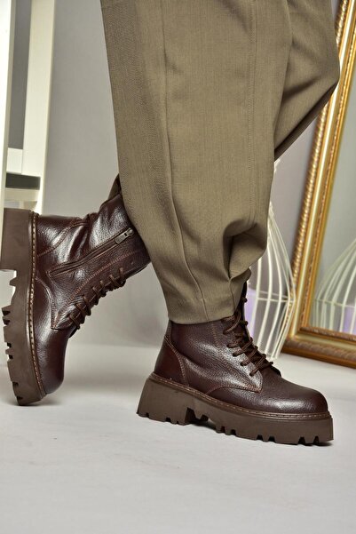Fox Shoes T380170003 Kahverengi Hakiki Deri Kalın Tabanlı Kadın Bot