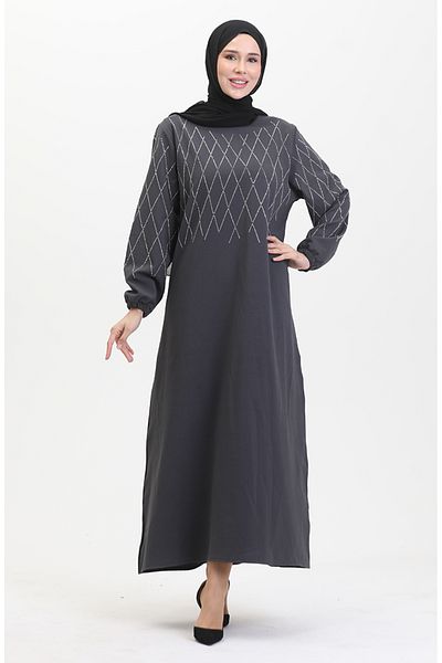 sefamerve Anthrazitfarbenes Abendkleid mit Steindetails – 0525-03
