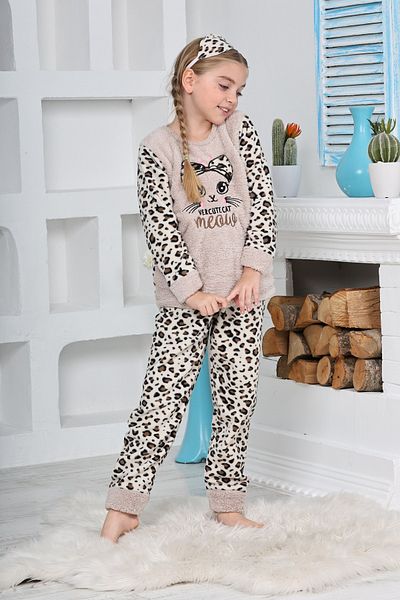 KAPİKİDS Girl - Soft Winter Fleece Pajama Set with Leopard Embroidery
