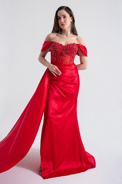 Lafaba Women's Red Boat Neck Underwire Corset Long Evening Dress