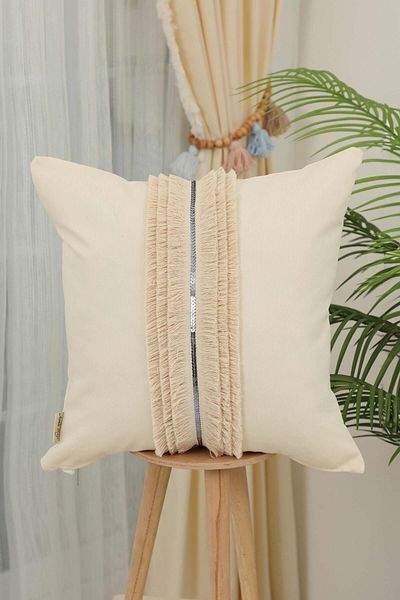 Aisha's Design Stylish Sequin Stripe and Fringe Detailed Decorative Throw Pillow Cover, K-396