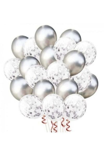 Paparti 20 Pieces Metallic Silver and Transparent Confetti Balloon Set Birthday and Party Balloons
