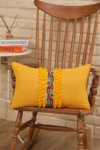 Aisha's Design Decorative Throw Pillow Cover with Flower Motif and Pompom Detail, K-399