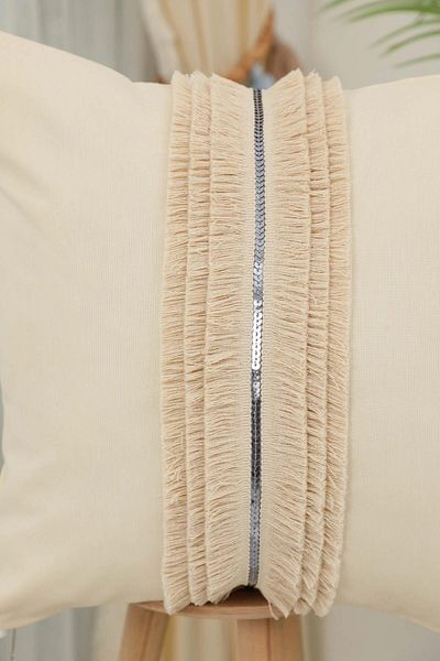 Aisha's Design Stylish Sequin Stripe and Fringe Detailed Decorative Throw Pillow Cover, K-396