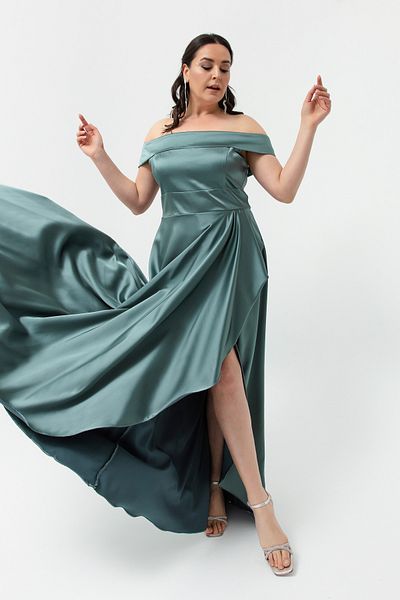 Lafaba Damska turkusowa sukienka z dekoltem w łódkę, plus size, satynowa suknia wieczorowa i sukienka na zakończenie roku