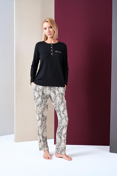 PJS Set de pijamale cu mânecă lungă cu model pentru damă
