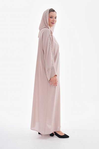 GigiTex Hijap Powder Color Hooded Shimmering Fabric Stone Detailed Hidden Snap Fastener Abaya Ferace Standard 38-44