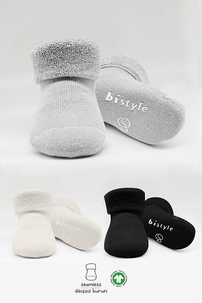 Bistyle Bistil Baby Girl and Boy Non-Slip Anti-Slip Seamless Organic Towel Socket 3-Piece Socks