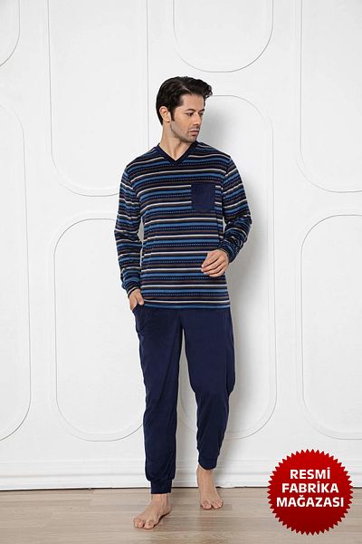 Aydoğan Σετ ανδρικές βελούδινες πιτζάμες Navy Blue με μακρυμάνικο λαιμόκοψη 13018 Aydogan ®
