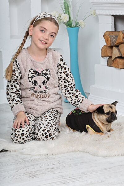 KAPİKİDS Fete - Set de pijamale din lână moale de iarnă cu broderie leopard