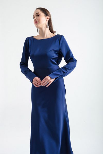 Lafaba Women's Navy Blue Back Low-cut Midi Satin Evening Dress