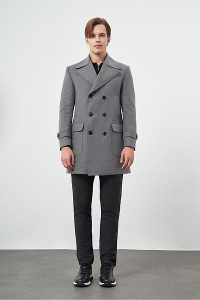 İmza Γκρι Slim Fit Διπλό Πανωφόρι - Κολάρα, Μονό Σχιστό, Πλήρης Φόδρα 1005245151