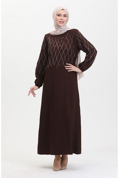sefamerve Braunes Abendkleid mit Steindetails – 0525-02