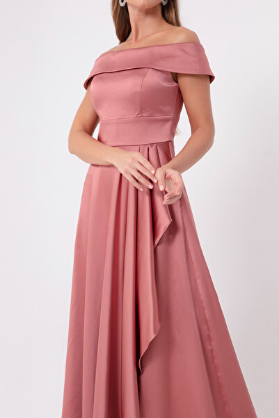 Lafaba Γυναικείο βραδινό φόρεμα με σατέν λαιμόκοψη σομόν και φόρεμα αποφοίτησης