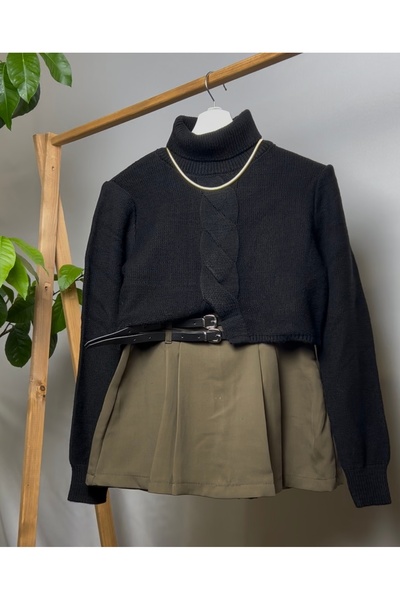 owwon Pulover de damă negru din tricot scurt, cu detaliu din împletitură de p...