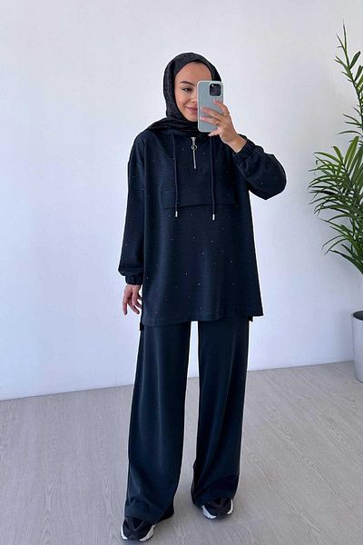 Ka Hijab طقم حجاب من قماش Oys باللون الفحمي مكون من قطعتين