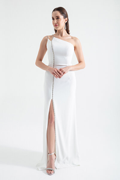Lafaba Women's White Chain Strap Long Evening Dress