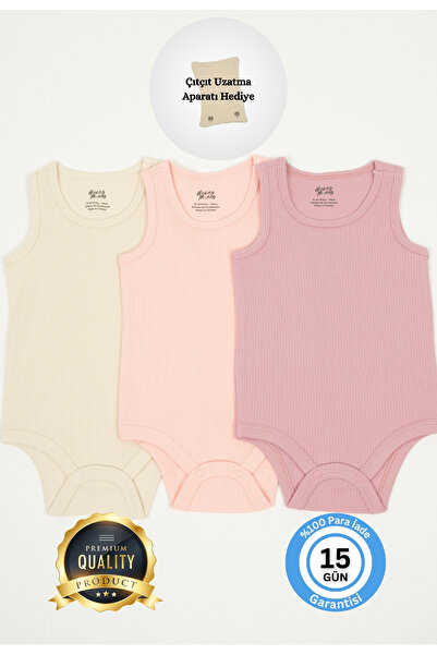 Huggy Mommy Premium Fitilli Kumaş %100 Organik Pamuk 3'lü Kız Bebek Atlet Bod...