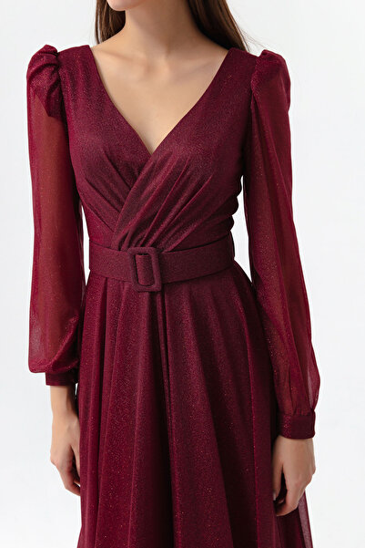 Lafaba Dámské bordó dvouřadý límec stříbřité dlouhé večerní šaty