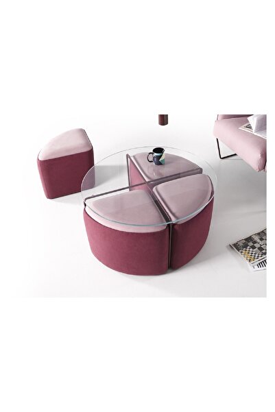 SCY Cras 4 Adet Puf Ve Camlı Orta Masa Takımı Dekoratif Orta Sehpa Seti Vişne...