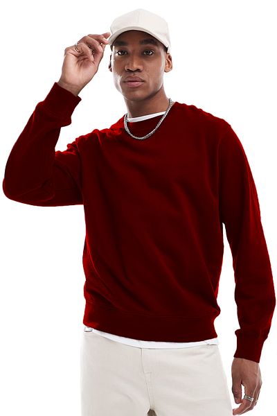 MAXIMILLIAN Men's Crew Neck Raised Winter Loose Sweatshirt Claret Red
