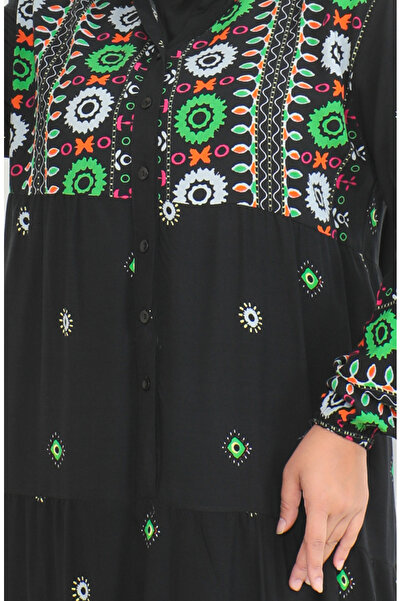 sefamerve Plus Size Patterned Buttoned Viscose Dress 5070-01 Black