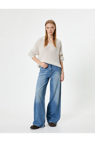 Koton V-Neck Knitwear Sweater - Long Sleeve, Acrylic Blended