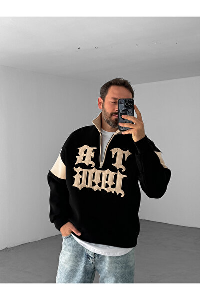 BYBASICMAN 1998 Model Embroidered Black Sweatshirt - Half Zipper Jj-97