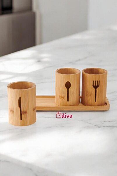 İLİVA 4 Pieces Bamboo Spoon Holder Organizer - Upright Countertop Serving Stand