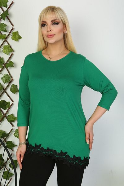 sinemisxxl Green Viscose Blouse with Lycra Lace Single Shoulder Window