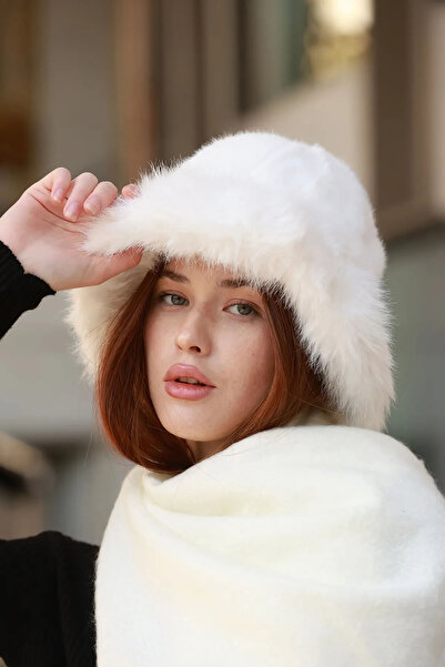 REMSA Plush Bucket Women's Heart Hat - Rkş-14 Ecru