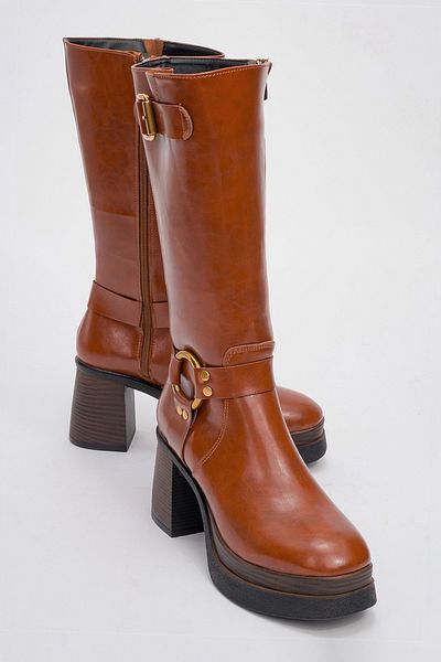 LuviShoes Γυναικείες μπότες με τακούνι πλατφόρμας ROCK Tan Skin με φερμουάρ