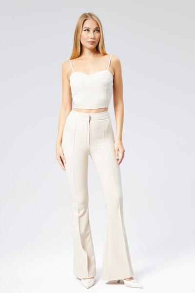 Appleline High Waist Beige Palazzo Trousers - Plus Size, Grassy, Flared Leg
