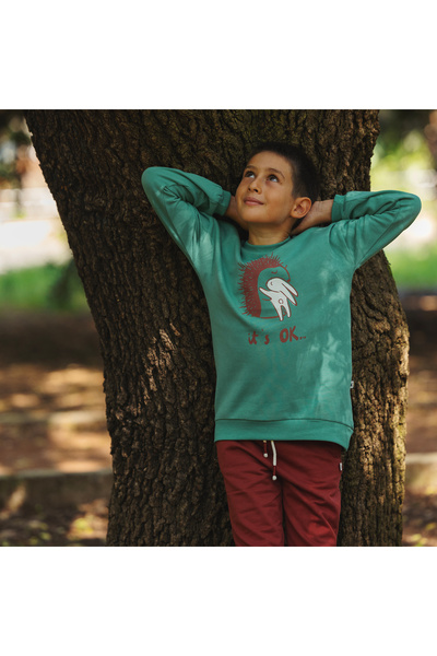 Little Yucca Grow Yeşil Kirpi Desenli Yuvarlak Yaka Unisex Çocuk Sweatshirt