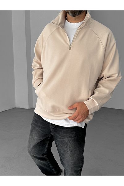 BYBASICMAN Beige Half Zip Pocket Sweatshirt Yp-4108