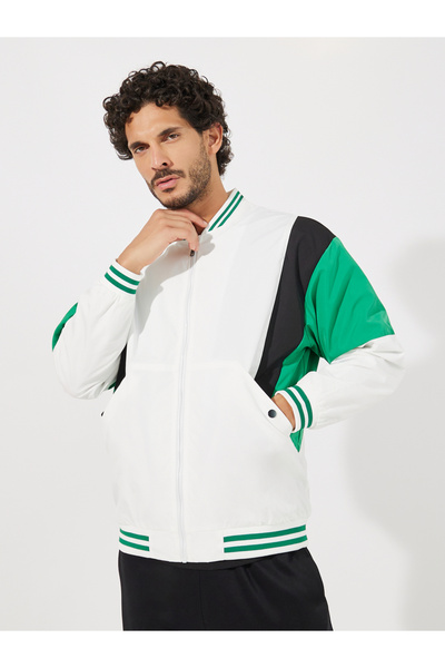 Styli Retro Color Block Bomber Jacket with Rib Detail